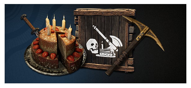 Conan Exiles 5th anniversary cake and pickaxe