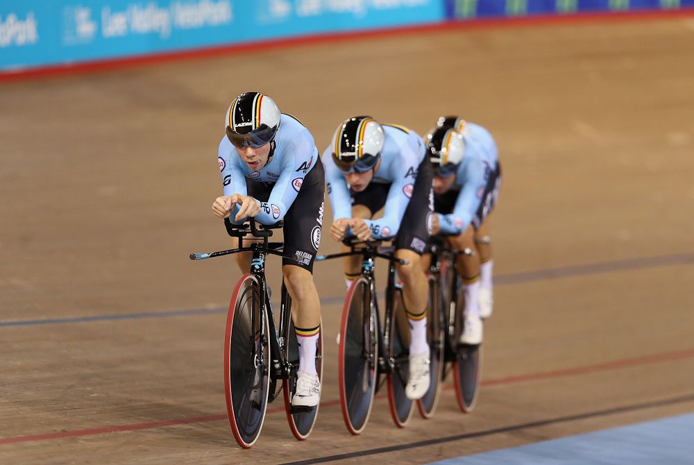The Belgium team make their way around the track during the Mens Pursuit Final during day One of the 2018 TISSOT UCI Track Cycling World Cup at Lee Valley Velopark Velodrome