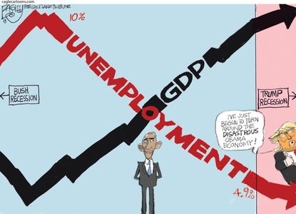 Political Cartoon U.S. Trump recession Obama economy unemployment GDP