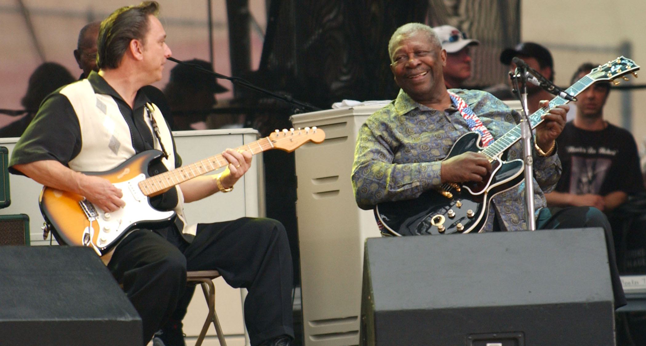 Jimmy Vaughan plays a Strat as he jams with his hero, B.B. King, who is playing his customary Lucille.