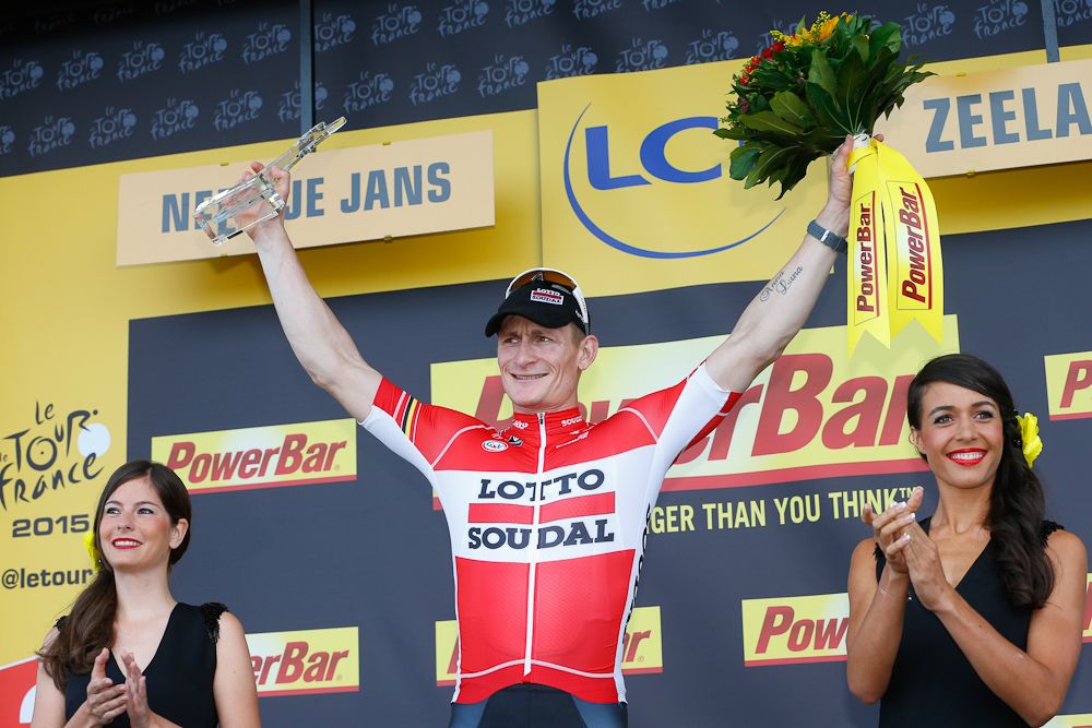 Andre Greipel on the stage 2 podium at the 2015 Tour de France.