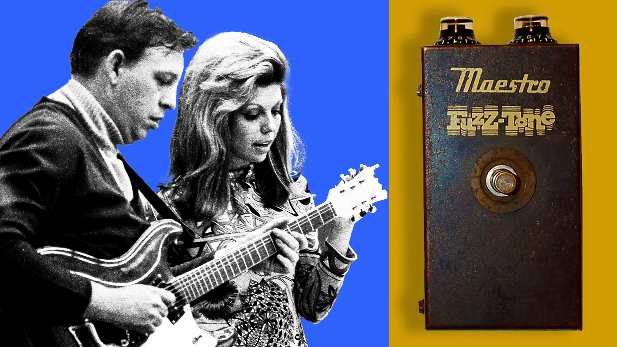 LEFT: Nancy Sinatra and Billy Strange in a recording studio in 1966. RIGHT: Front image of a 1966 Gibson Maestro Fuzz Tone FZ-1A 