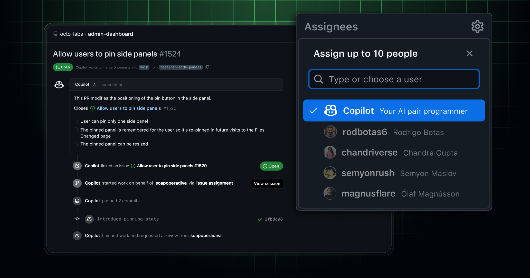 GitHub coding agent example image showing a drop down menu to assign users.