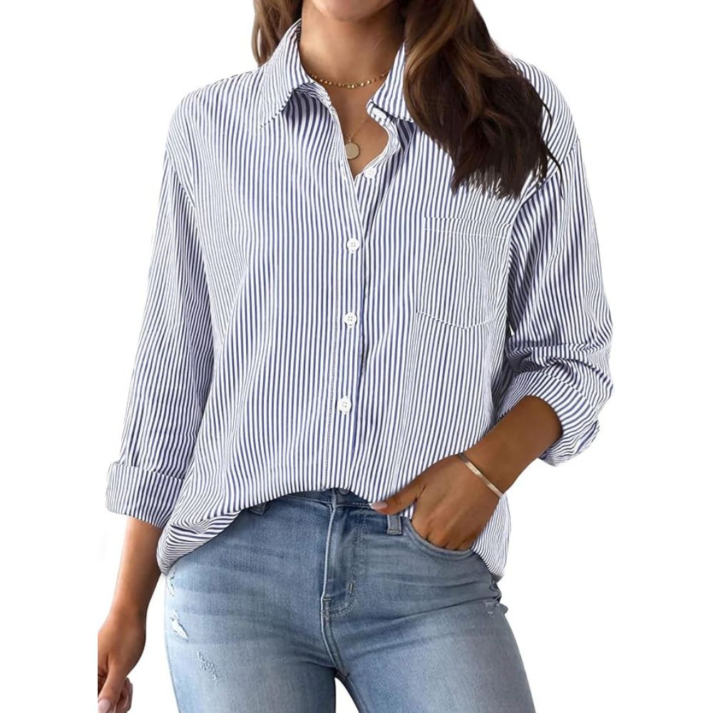Xnova Women's Striped Button Shirt, Classic Cotton Shirt Top, with Pockets, Long Sleeve Thin Number Oversized Shirt T-shirt Office Work Casual (Blue, XL)