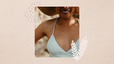 Vertical close up image of woman in a bikini wearing a sunhat, set against a beige background with a polka dot and leaf motif