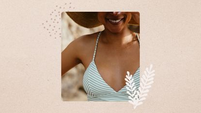 Vertical close up image of woman in a bikini wearing a sunhat, set against a beige background with a polka dot and leaf motif