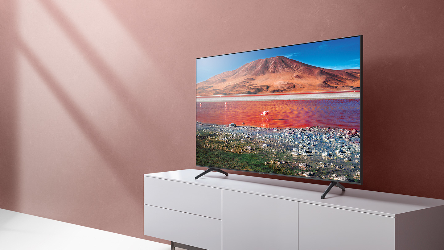Samsung 4K Crystal TV on TV stand