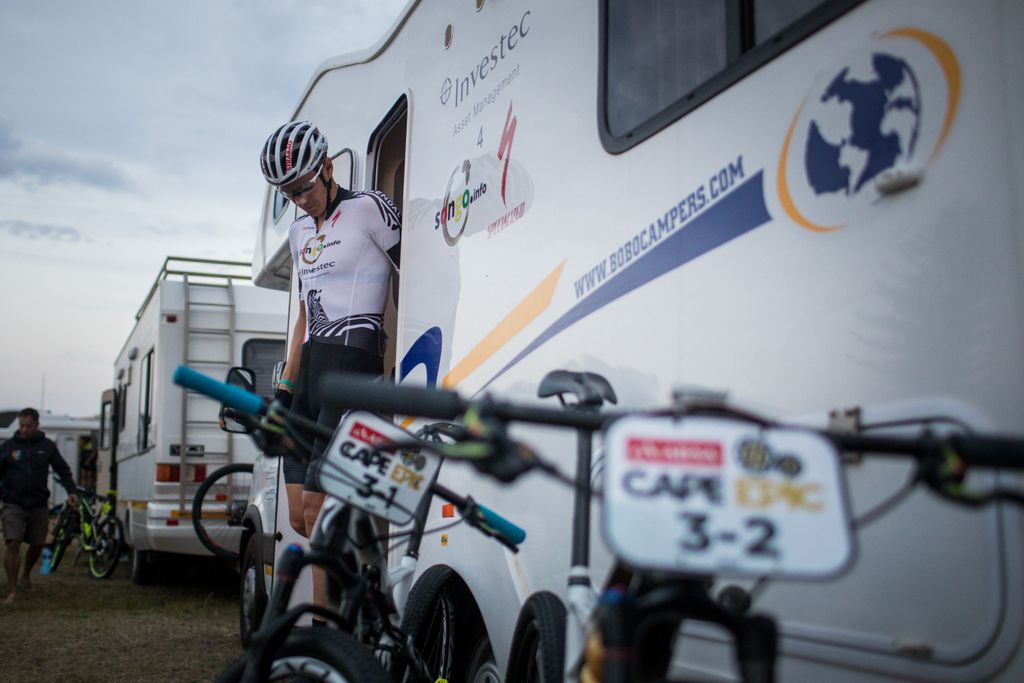 Christoph Sauser (Investec-Songo-Specialized) exits the camper van
