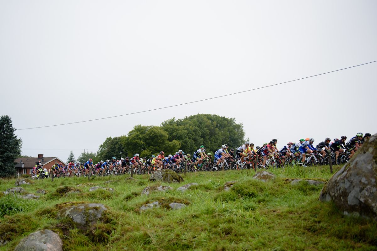 Peloton make their way up the climb on lap two at the 141 km road race of the UCI Women's World Tour's 2016 Crescent V&aring;rg&aring;rda