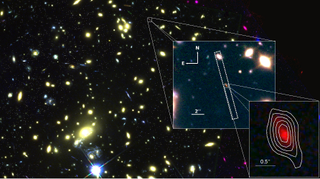 The first zoom shows an observation of galaxy MACS1149-JD1 from the European Southern Observatory's Very Large Telescope; the second zoom shows a Hubble image of the galaxy with contours that indicate ionized oxygen that was detected by ALMA.