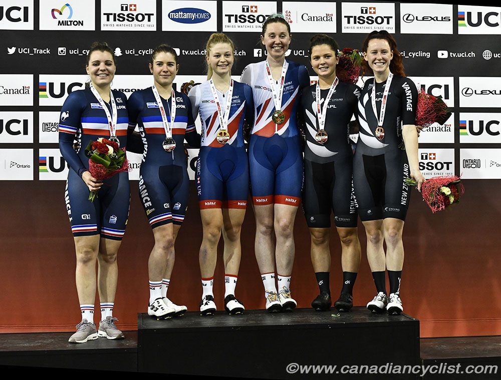 Women's Madison podium - France, Great Britain, New Zealand