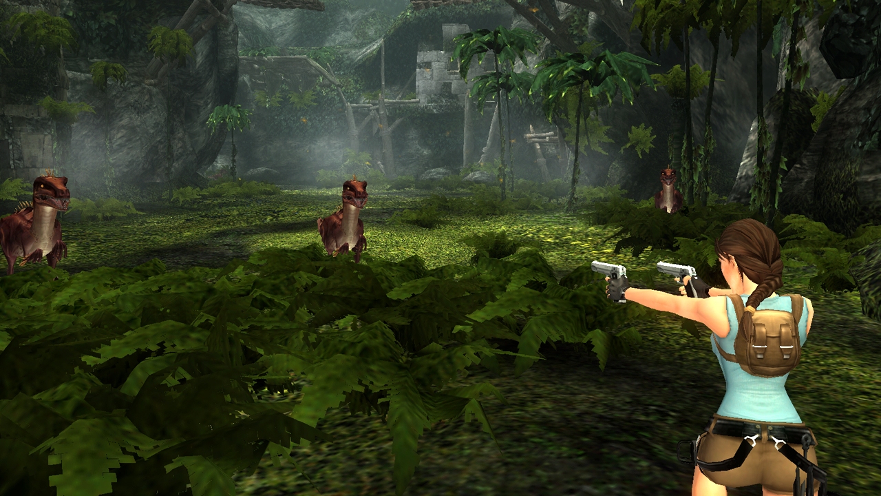 Lara Croft draws her pistols against velociraptors in an ancient jungle environment in Tomb Raider Anniversary for the PlayStation 2.