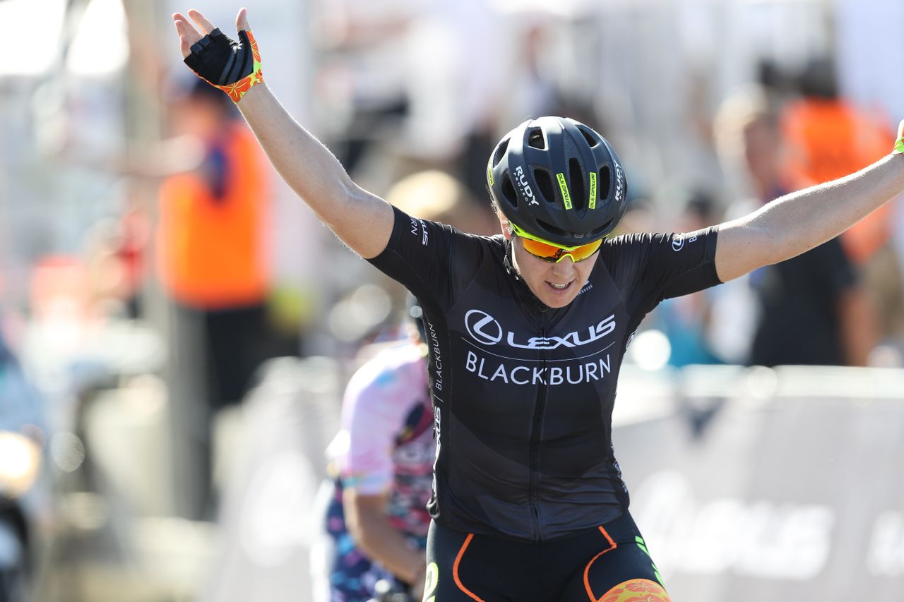 Chloe Hosking celebrates her win