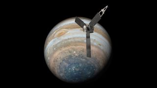 A visualization of NASA's Juno probe orbiting Jupiter.