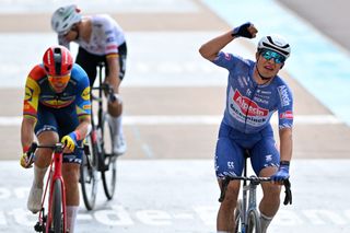 2024 Paris-Roubaix: Jasper Philipsen celebrates taking second behind teammate Mathieu van der Poel