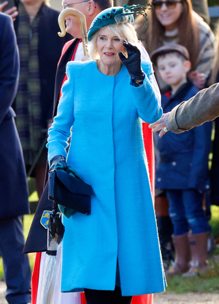 Queen Camilla attends the New Year's Eve Mattins service at the Church of St Mary Magdalene on the Sandringham estate on December 31, 2023 in Sandringham, England