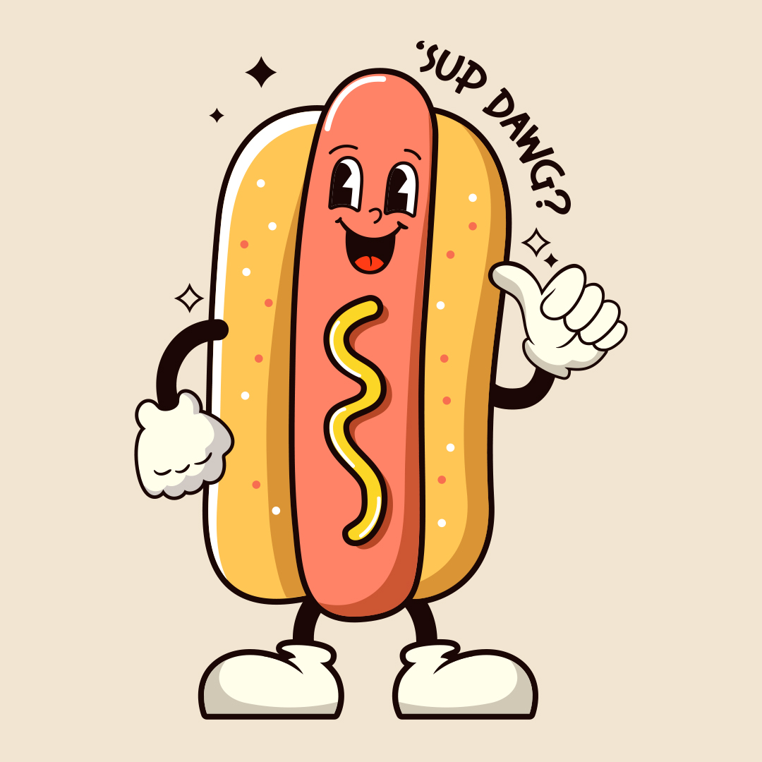 1920s inspired hotdog caricature design