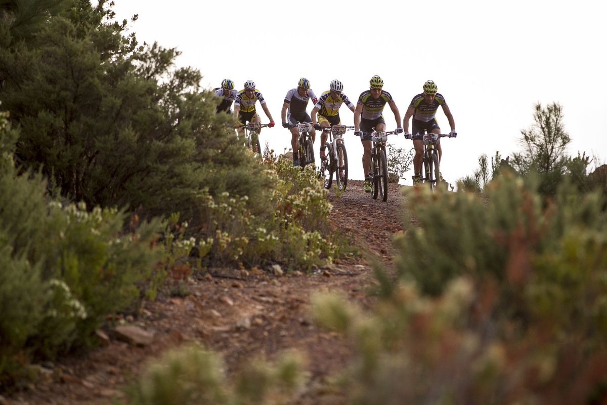 The lead group on stage 2 of the Cape Epic