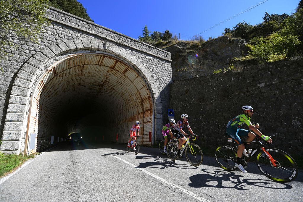MATERA ITALY OCTOBER 08 Mattia Bais of Italy and Team Androni Giocattoli Sidermec Marco Frapporti of Italy and Team Vini Zabu KTM Filippo Zana of Italy and Team Bardiani CSF Faizane James Whelan of Australia and Team EF Pro Cycling Breakaway Tunnel during the 103rd Giro dItalia 2020 Stage 6 a 188km stage from Castrovillari to Matera 401m girodiitalia Giro on October 08 2020 in Matera Italy Photo by Tim de WaeleGetty Images
