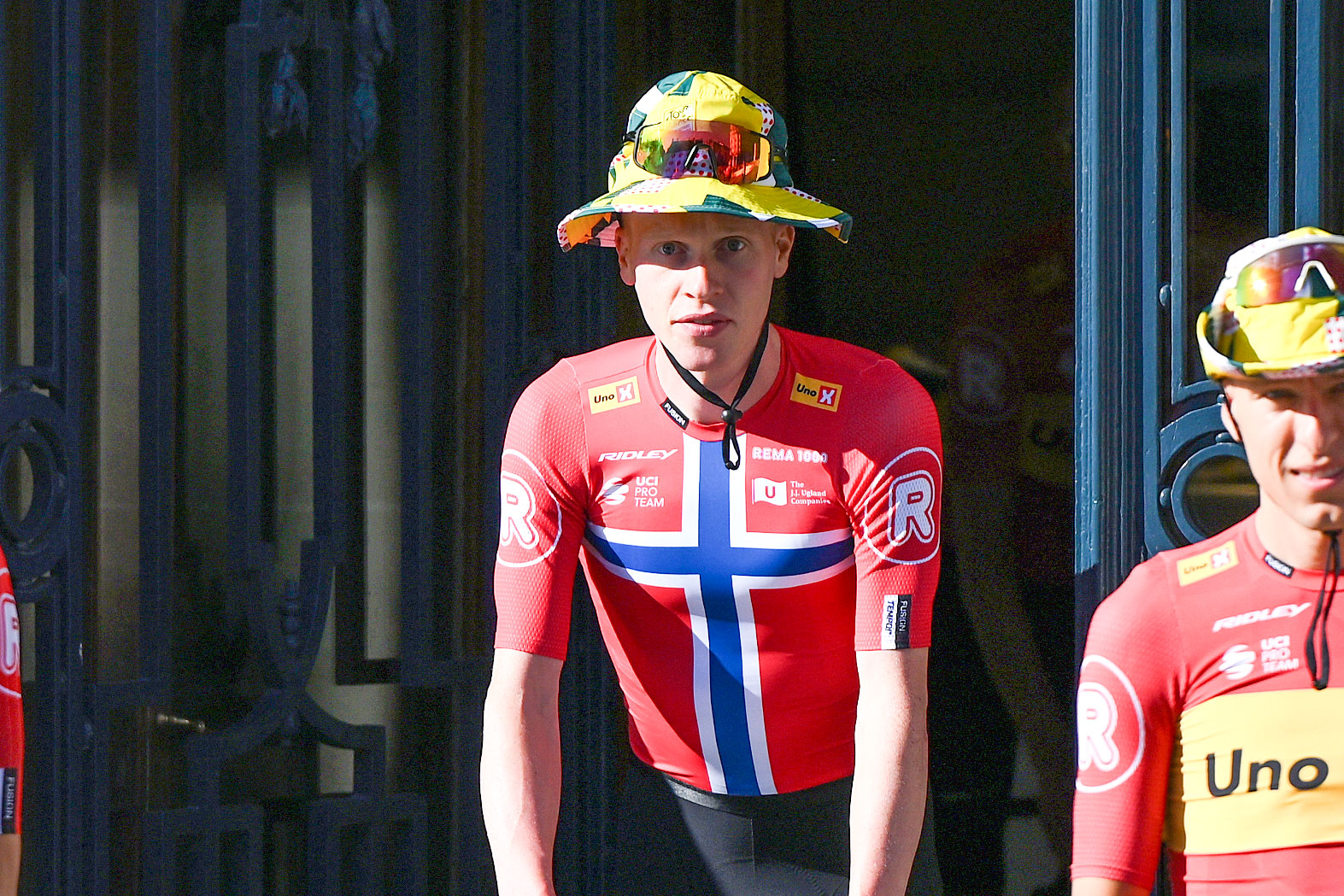 National champions jerseys during the official teams presentation days prior to the start of the 112th edition of the Tour de France cycling race, in Lille, northern France, on July 3, 2025. (Photo by Anne-Christine POUJOULAT / AFP)
