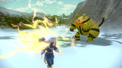 Pokémon Legends: Arceus girl trainer battling Electivire 