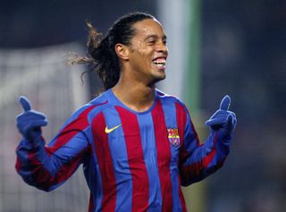 Ronaldinho celebrates a goal for Barcelona against Athletic Club in 2006.
