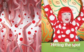 Portrait of Yayoi Kusama and red and white polka dot work for Louis Vuttion