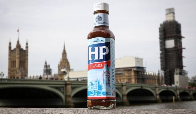 A bottle of HP sauce outside the Houses of Parliament