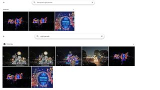 Two screenshots from Google Photos. The first shows a search for 'Disneyland night parade' which returns only three shots. The second shows a search for 'night parade', which returns 7 shots