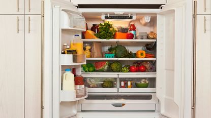 An open fridge fully stocked with healthy food 