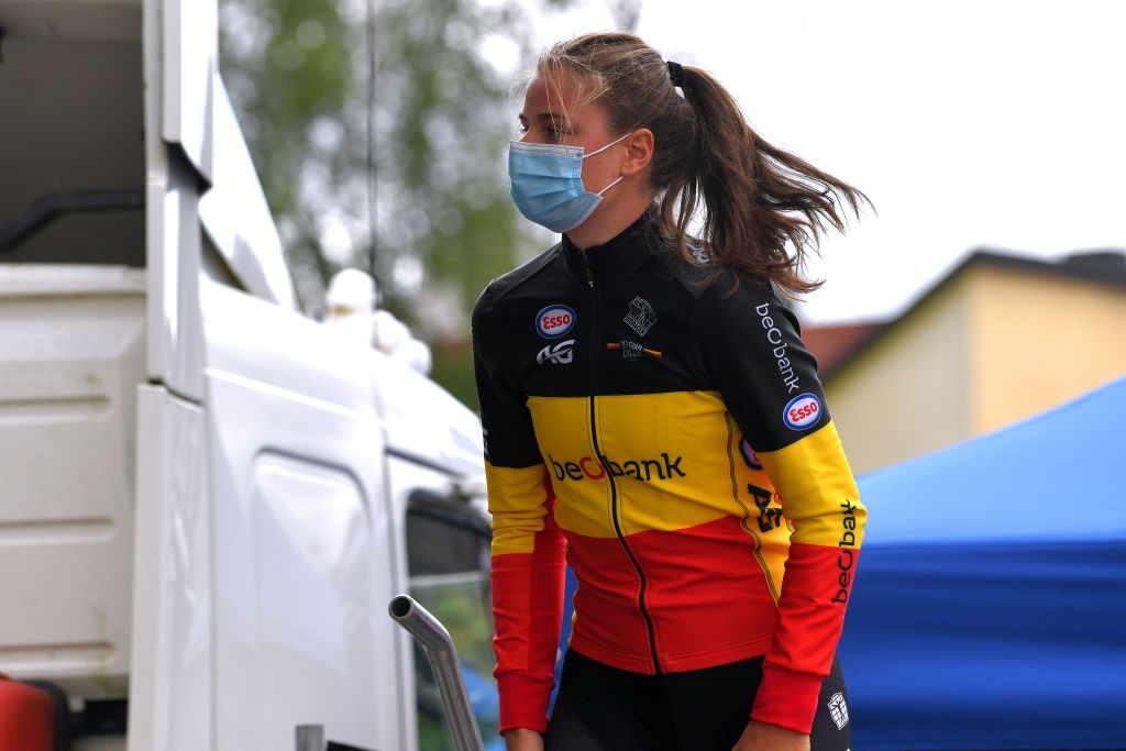 SCHMOLLN GERMANY MAY 25 Lotte Kopecky of Belgium and Team Belgium at start during the 34th Internationale LOTTO Thringen Ladies Tour 2021 Stage 1 a 899km stage from Schmolln to Schmolln ltlt2021 lottothueringenladiestour womencycling on May 25 2021 in Schmolln Germany Photo by Luc ClaessenGetty Images
