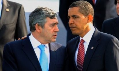 British prime minister Gordon Brown meets with President Obama.