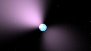 Illustration of a pulsar shows a bright blue sphere and two conical shape hazy purple patches emitted from opposite sides of the star.