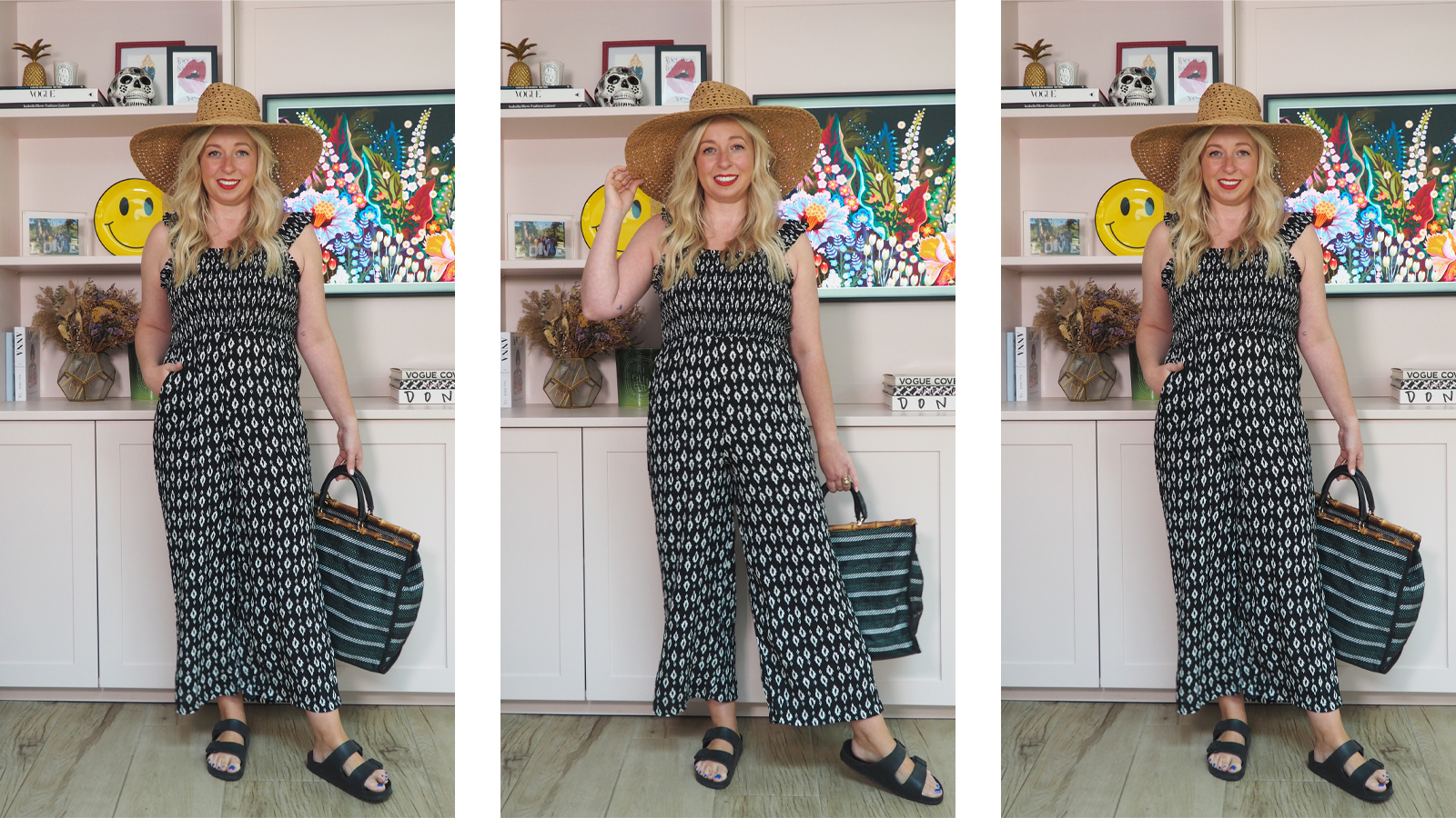 Composite of Antonia Kraskowski wearing an ikat print jumpsuit with a woven straw hat, beach bag and birkenstocks