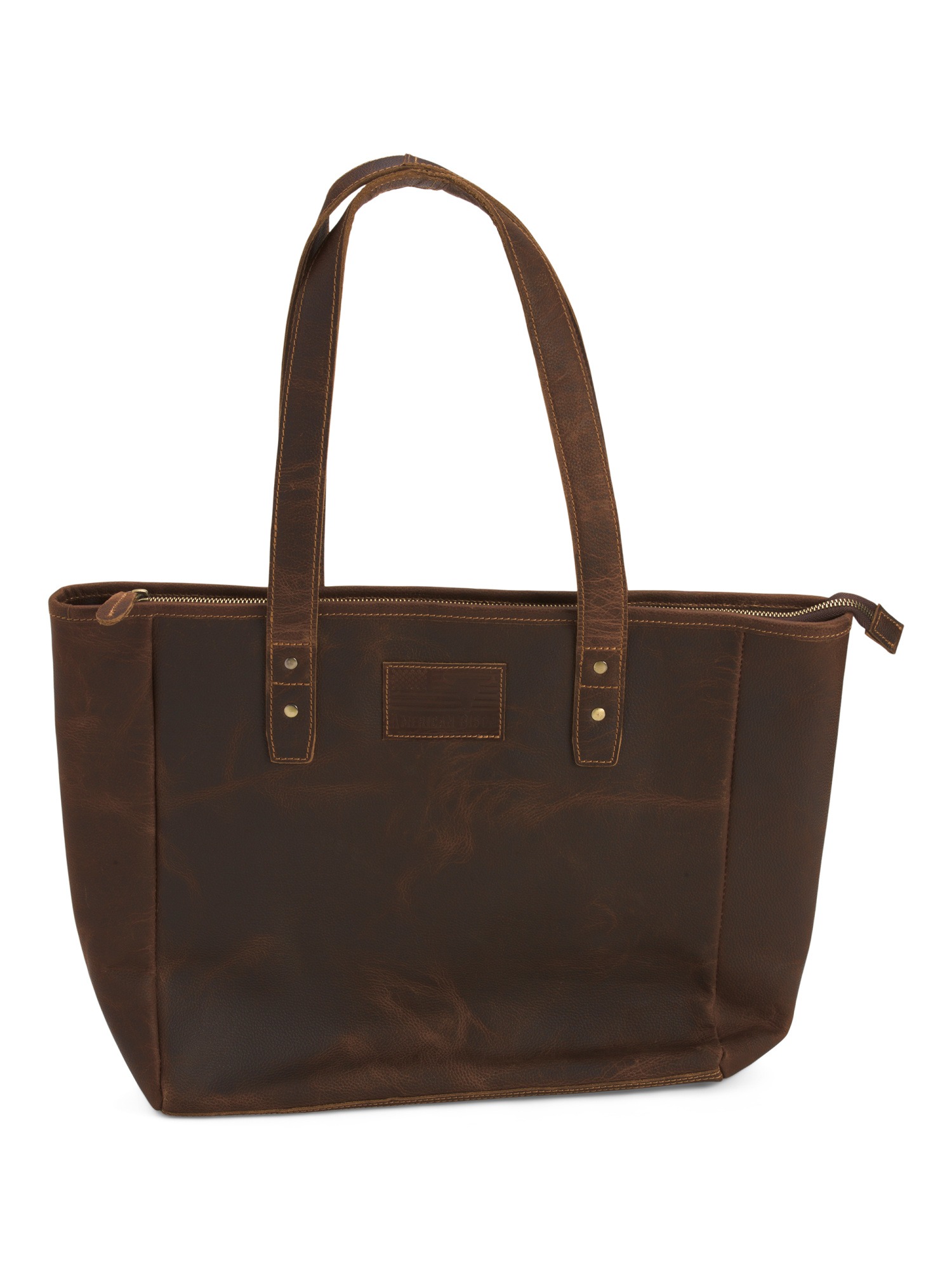 American Bison, Unisex Leather Zip Top Tote With Flag Patch