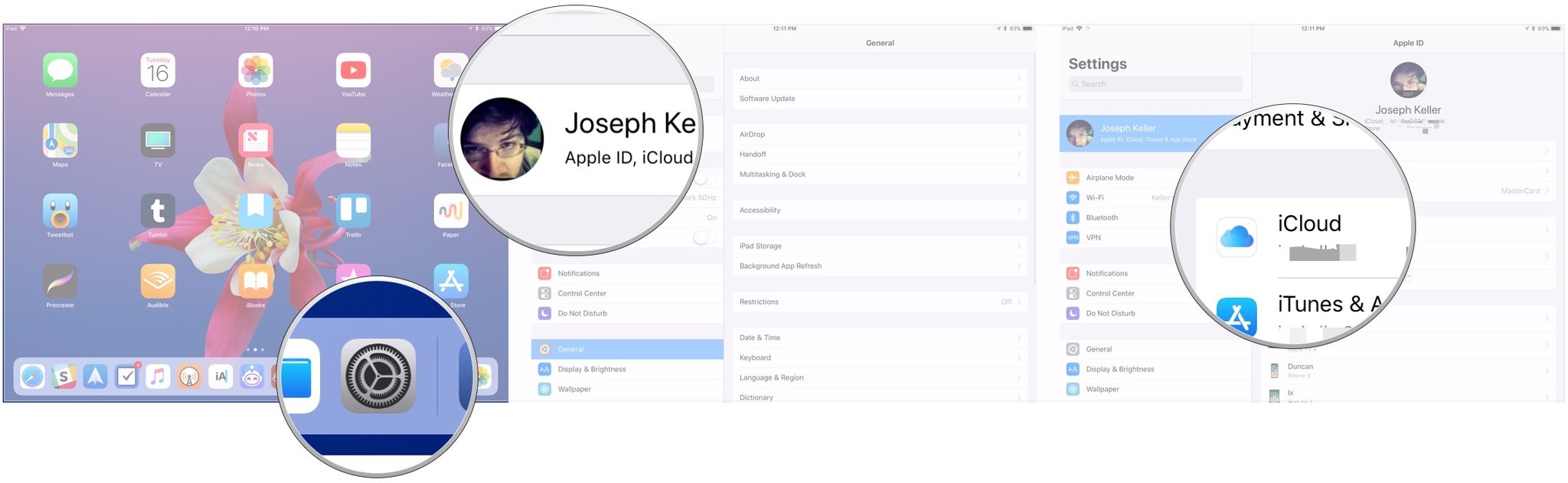 Transfer data by using iCloud to backup by showing steps: Open Settings, tap Apple ID banner, tap iCloud