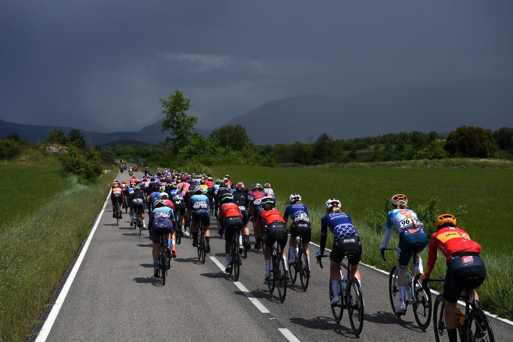 ALTO DE ROSALES SPAIN MAY 17 LR Valerie Laroche of Canada and Team Primeau Velo Groupe Abadie Eyeru Tesfoam Gebru of Eritrea and Team Komugi Grand Est Inge van der Heijden of The Netherlands and Team FenixDeceuninck and a general view of the peloton competing during the the 9th Vuelta a Burgos Feminas 2024 Stage 2 a 123km stage from Briviesca to Alto de Rosales 790m on UCIWWT May 17 2024 in Alto de Rosales Spain Photo by Alex BroadwayGetty Images