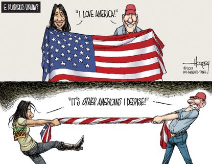Political cartoon U.S. 2016 election Americans fighting