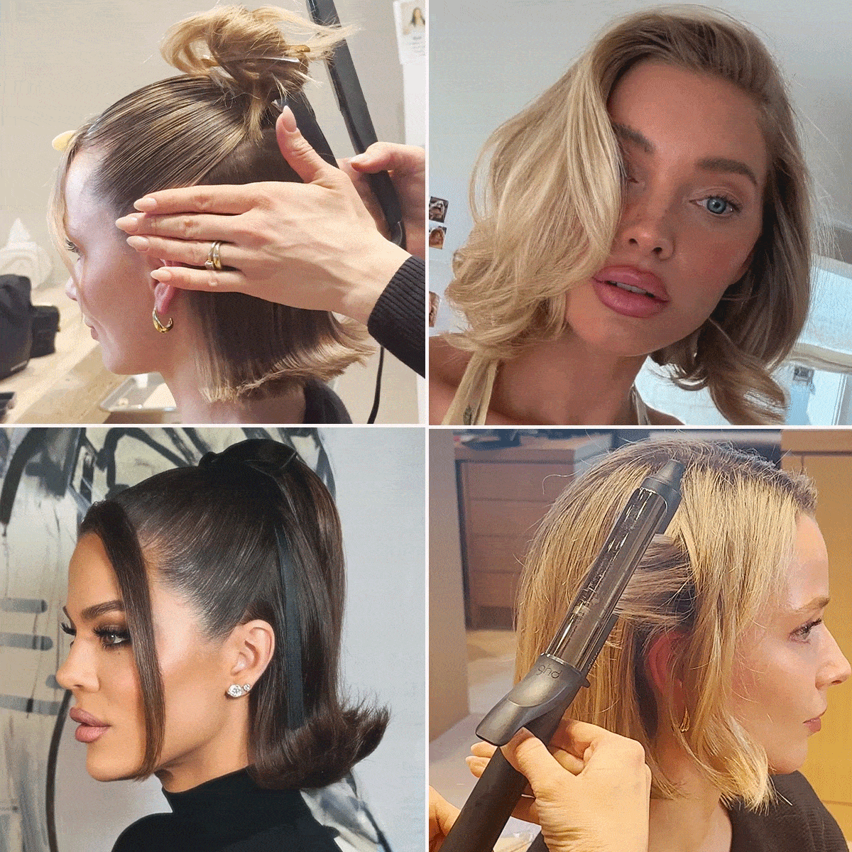 Images of Khloé Kardashian, Elsa Hosk, and Emma Hughes with hairstyles by Justine Marjan.