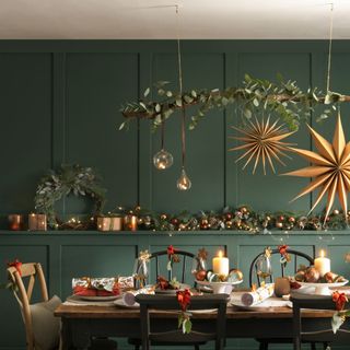 Dining room with green paneled walls and Christmas dining table in green