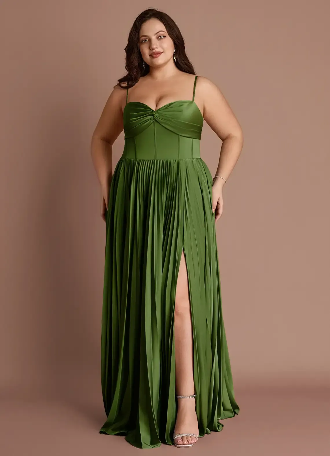Azazie, Tyla Olive Green Pleated Maxi Dress