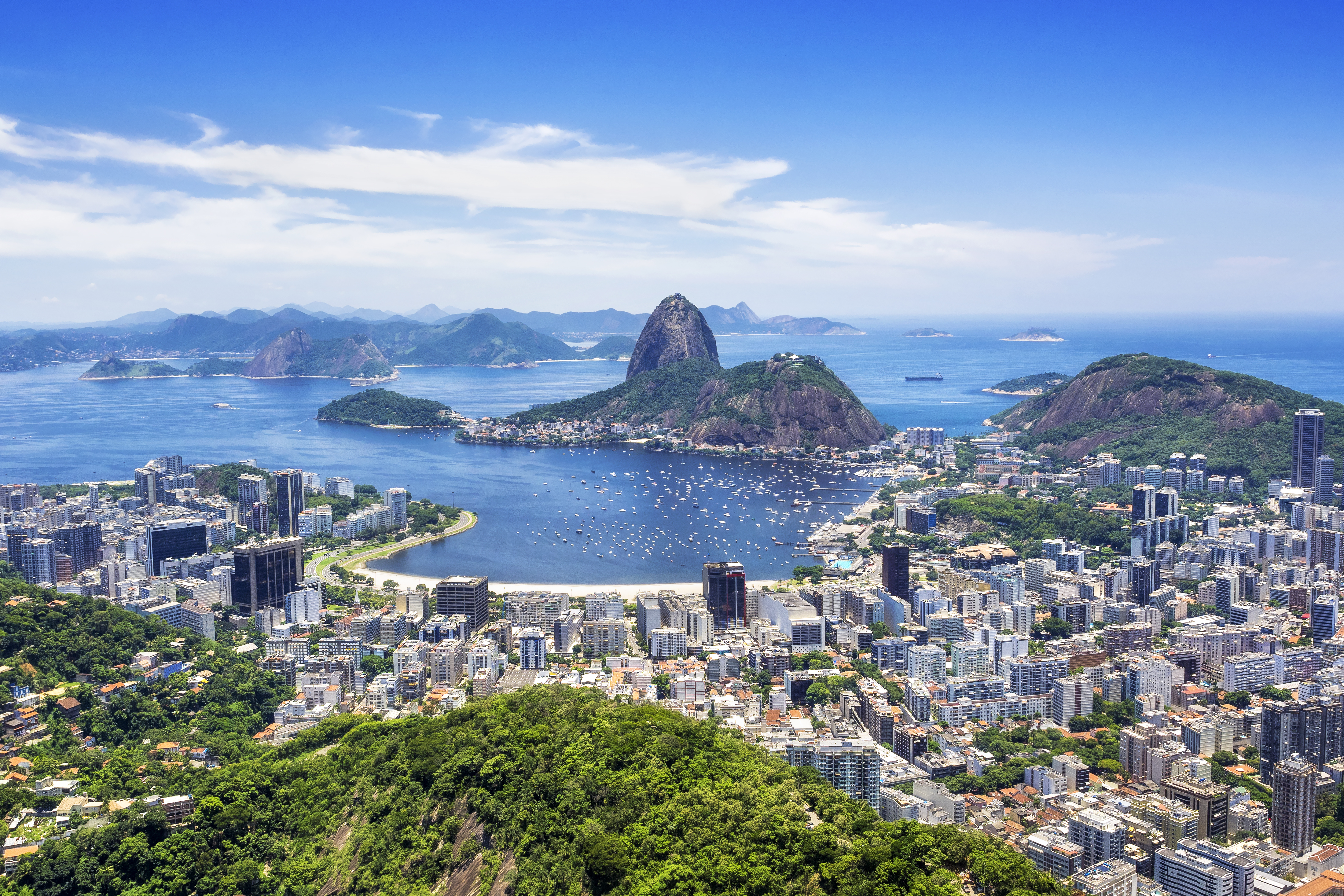 An aerial view of Sugarloaf Mountain and Rio de Janeiro
