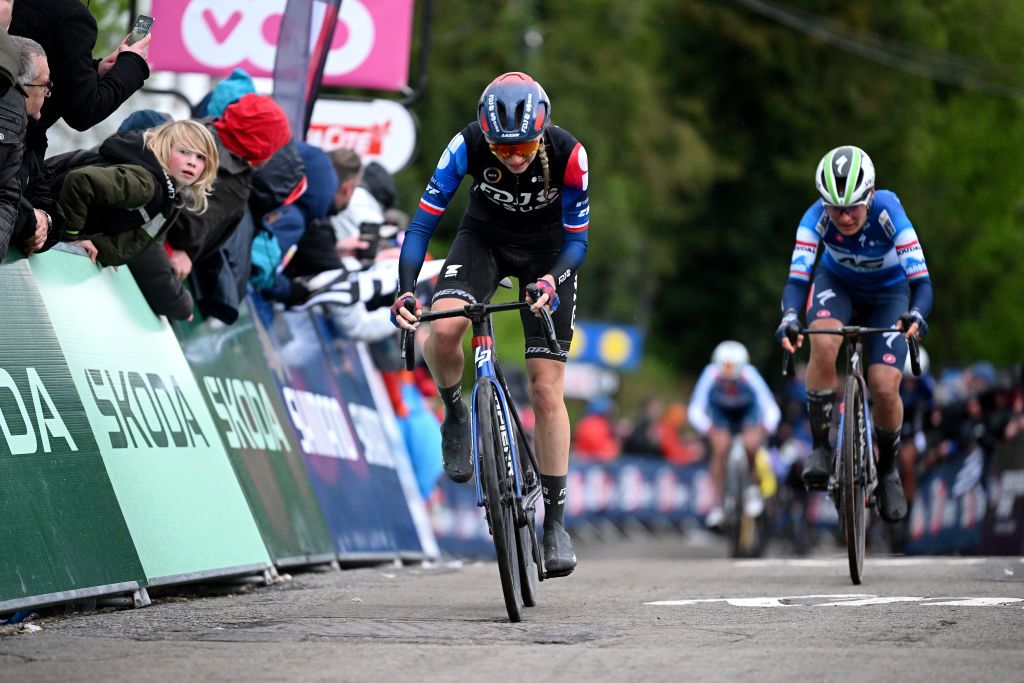 HUY BELGIUM APRIL 17 Evita Muzic of France and Team FDJ Suez sprints at finish line during the 27th La Fleche Wallonne Feminine 2024 a 146km one day race from Huy to Huy UCIWWT on April 17 2024 in Huy Belgium Photo by Dario BelingheriGetty Images