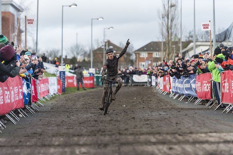 Liam Killeen (Specialized Racing) celebrates victory at the British Cyclo-cross Championships in Shrewsbury.