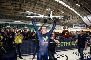 Alex Dowsett celebrates after setting a new Hour Record of 52.937km (Ellis)