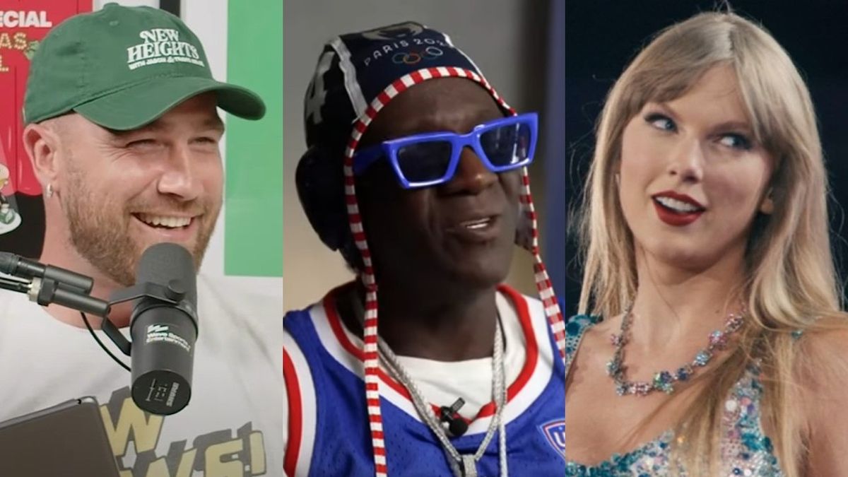 From left to right: Travis Kelce smiling on New Heights, Flavor Flav in US water polo hat and blue sunglasses and Taylor Swift smiling during the Eras Tour.