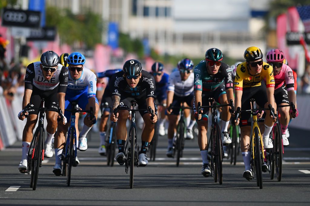 DUBAI HARBOUR UNITED ARAB EMIRATES FEBRUARY 23 LR Juan Sebastian Molano Benavides of Colombia and UAE Team Emirates Dylan Groenewegen of The Netherlands and Team Jayco Alula Sam Welsford of Australia and Team DSM and Olav Kooij of The Netherlands and Team JumboVisma sprint at finish line during the 5th UAE Tour Stage 4 a 174km stage from Al Shindagha to Dubai Harbour UAETour UCIWT on February 23 2023 in Dubai Harbour United Arab Emirates Photo by Dario BelingheriGetty Images