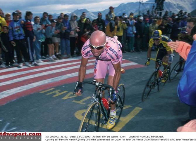 Marco Pantani in action at the 2000 Tour de France where he won two stages prior to withdrawing.
