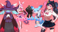 A screenshot from the Palworld April Fools dating sim trailer, showing a few Pals and humans dressed in school uniforms. 