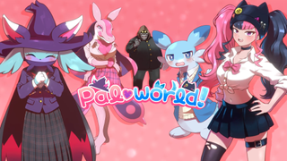 A screenshot from the Palworld April Fools dating sim trailer, showing a few Pals and humans dressed in school uniforms. 